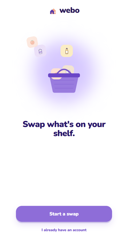 Webo start screen: Swap what's on your shelf