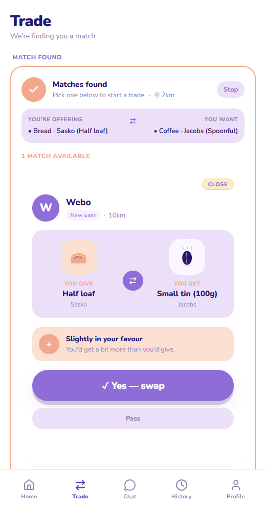 Webo match found screen showing a bread for coffee trade
