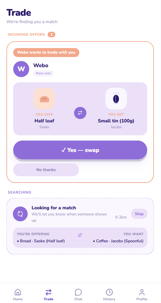 Webo incoming offer screen while still searching