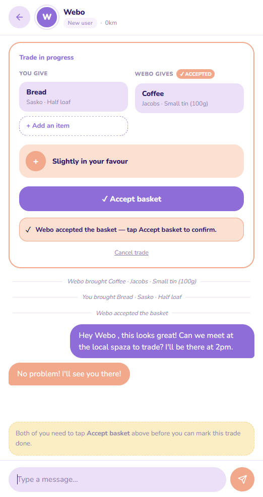 Webo chat screen after basket accepted, arranging to meet