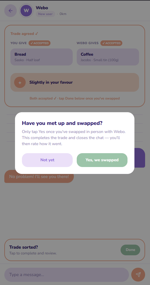 Webo confirmation popup asking if you have met up and swapped