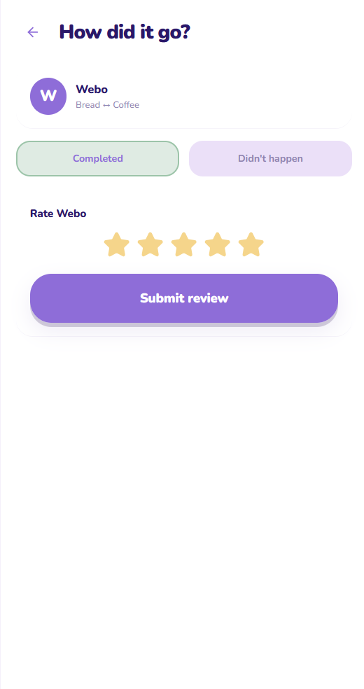 Webo review screen asking how the trade went